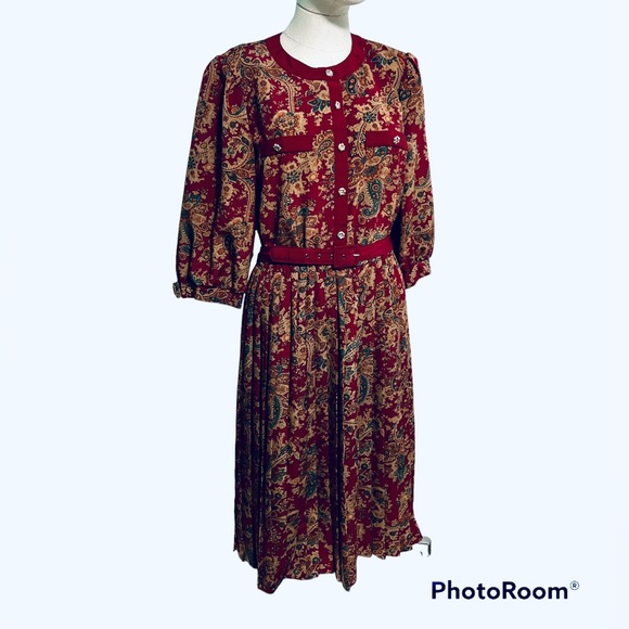 Vintage Breli Originals Paisley Patterned Cuffed Long Sleeve Pleated Dress 14 - Picture 1 of 13